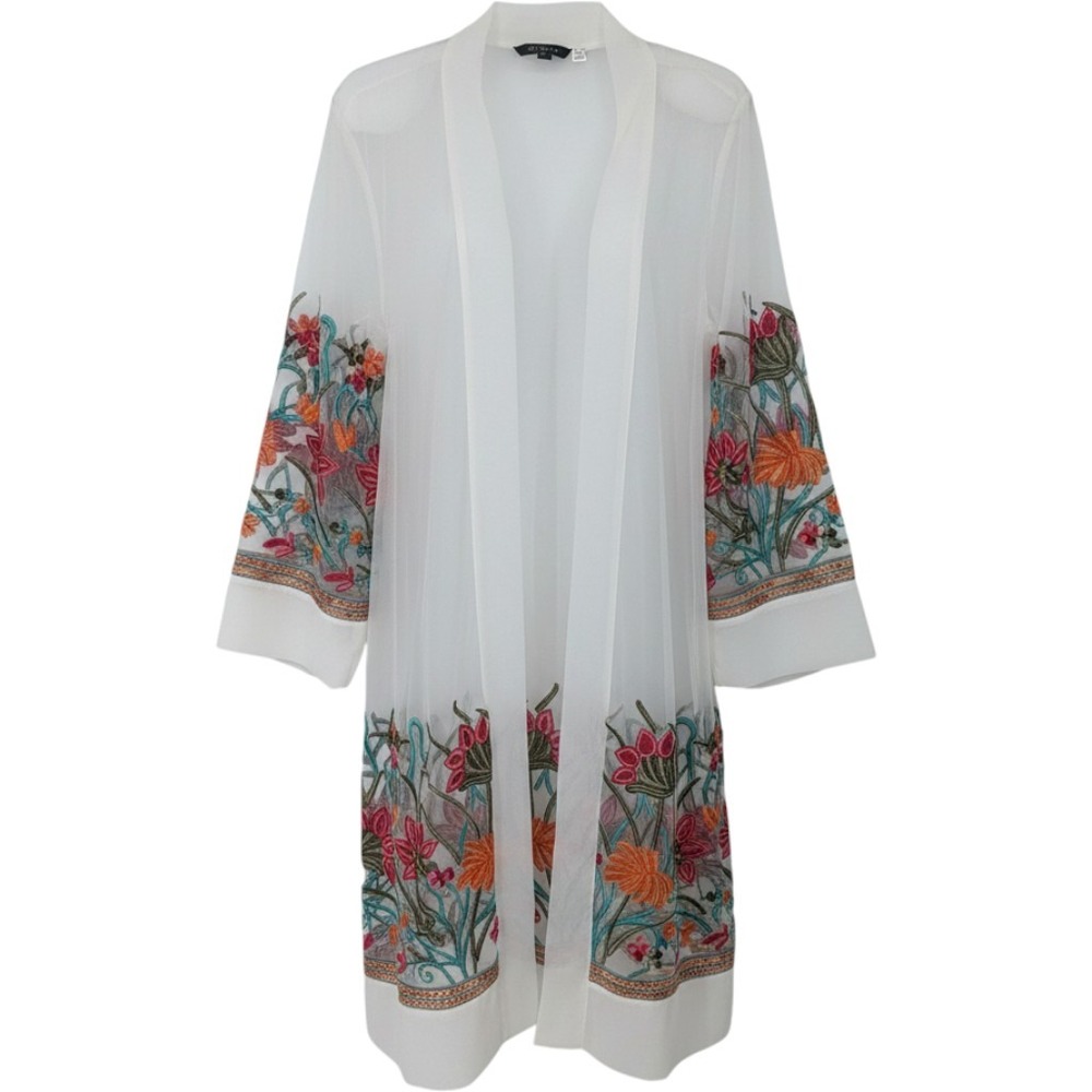 LIV LOS ANGELES Duster Kimono Women 2X White Floral Embroidered Sheer Mesh Long